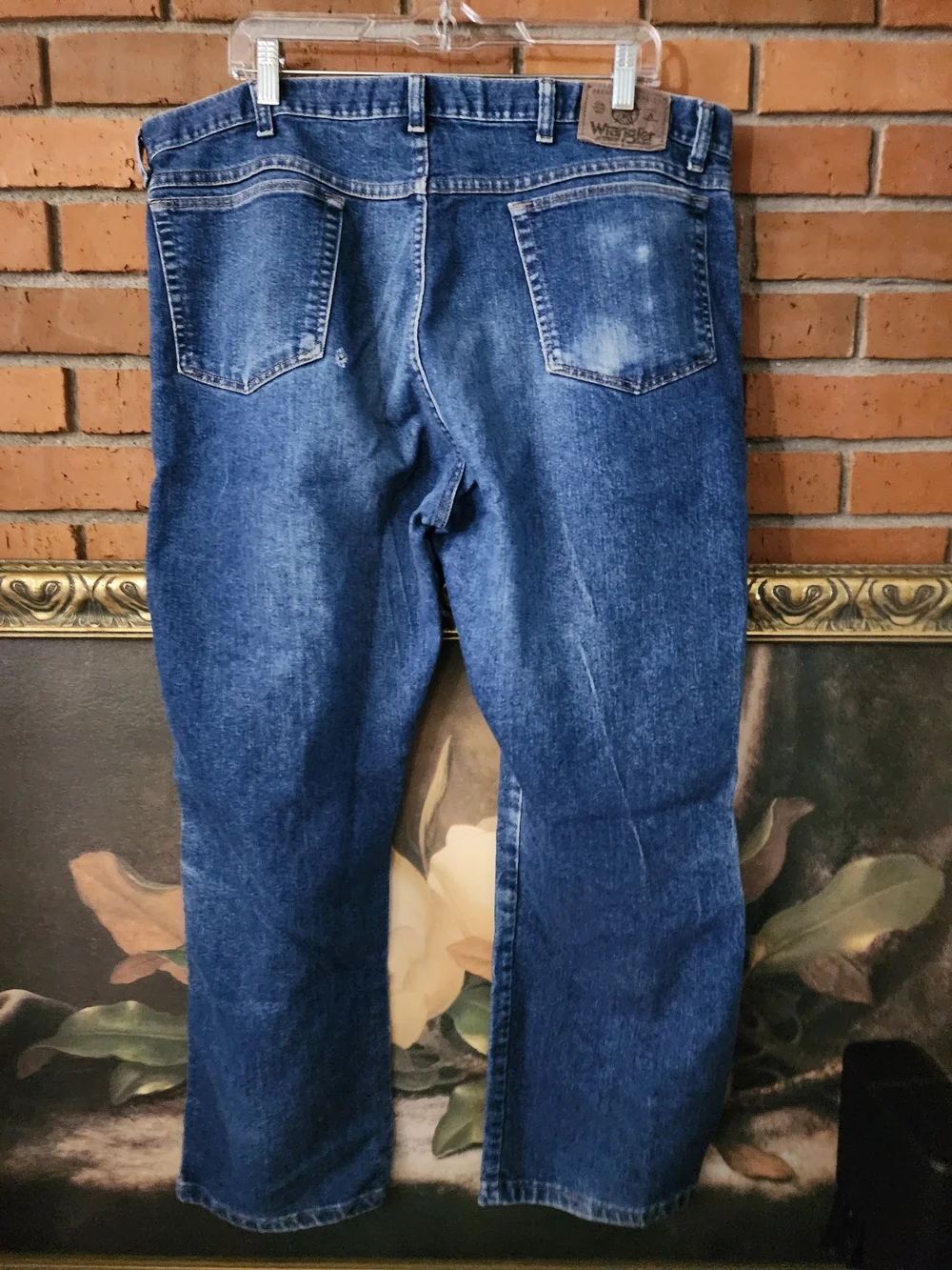 Wrangler Men's Dark Blue Bootcut Jeans with Whiskered Fade approx Size 38/26